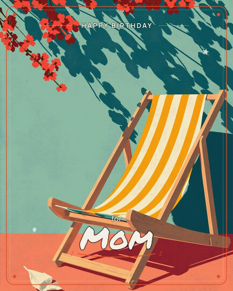 A wooden deckchair with bold yellow and cream stripes sits empty against a teal wall, its shadow and the branching pattern of red blossoms cast sharply…, a birthday e-card design