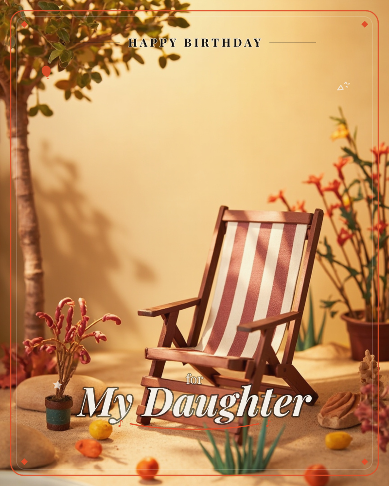 A miniature wooden deckchair with red and cream striped canvas sits on a sandy tabletop set, surrounded by potted flowers, smooth stones, a small tree…, a birthday e-card design