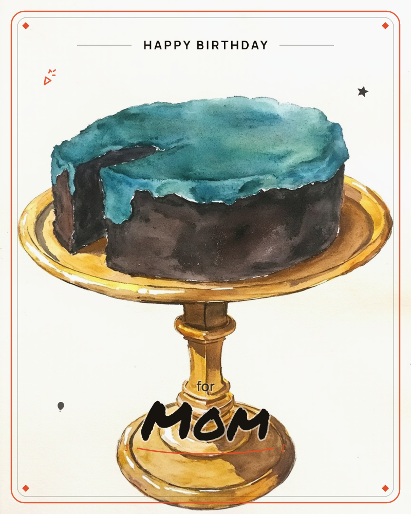 A round chocolate cake with a teal, marbled icing top sits on an ornate golden pedestal stand, painted against a plain cream background, a birthday e-card design