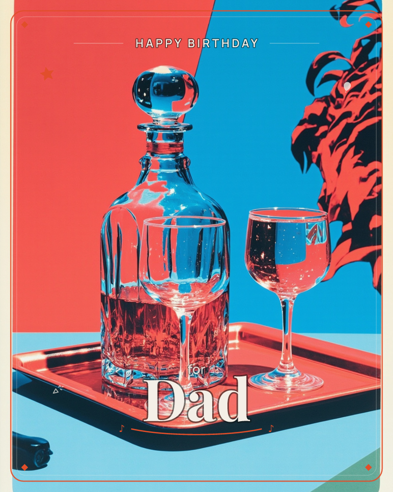 A cut-glass decanter with a round stopper stands on a red tray between two stemmed glasses, set against a bold split background of coral red and sky blue, a birthday e-card design