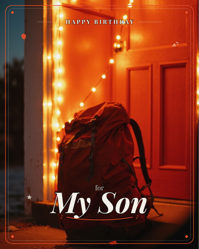 A weathered hiking backpack rests on a doorstep, glowing amber under strings of fairy lights wound around the frame of a warm orange-lit front door, a birthday e-card design