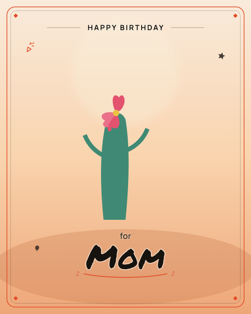 A single green cactus stands with its arms raised in a cheerful wave, topped with a bright pink flower and a yellow center, a birthday e-card design by @DittyCityTeam