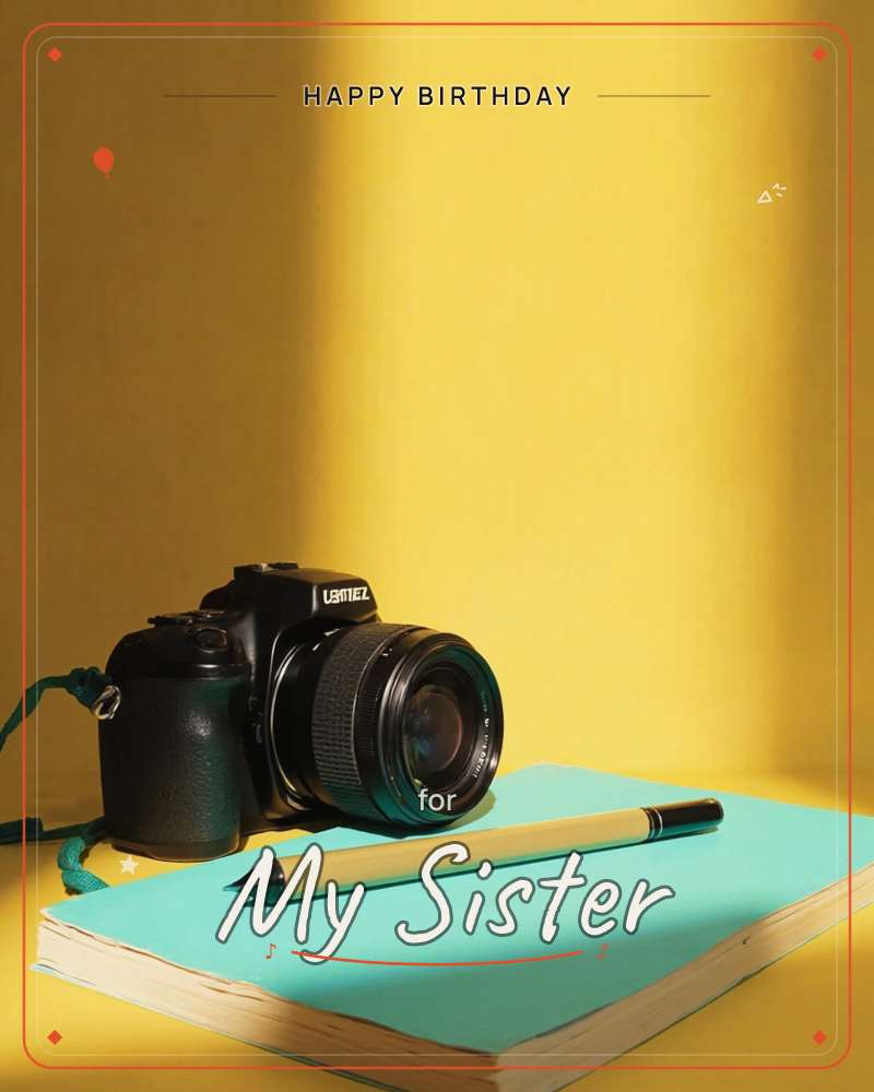 A black camera with a green wrist strap sits beside a wooden pencil, both resting on a mint-green notebook, all set against a bold mustard-yellow…, a birthday e-card design