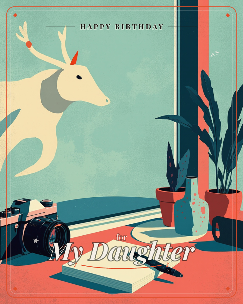A stylised cream-coloured deer with a single red-tipped antler peers in through a window at a quiet desk scene, its long neck stretched curiously…, a birthday e-card design