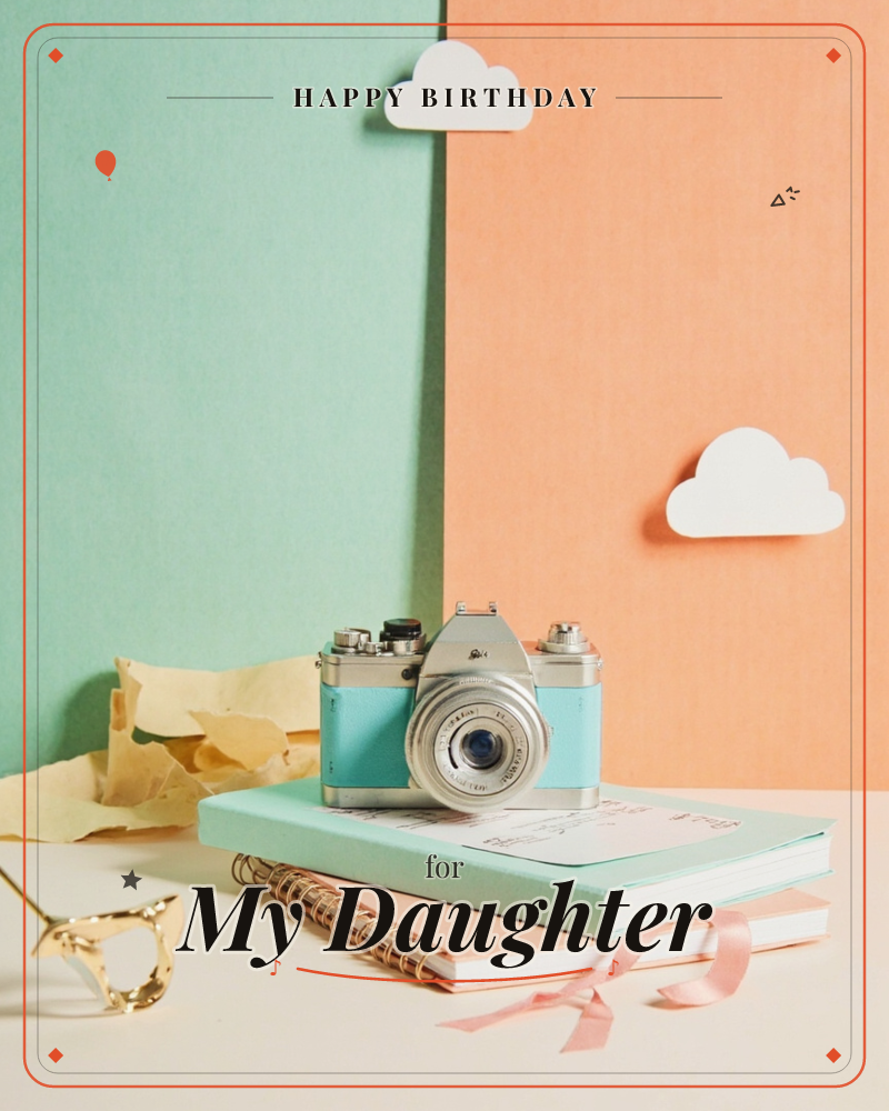 A vintage mint-blue camera sits atop a stack of notebooks, styled against a two-tone paper backdrop of sage green and soft peach, with paper clouds cut…, a birthday e-card design