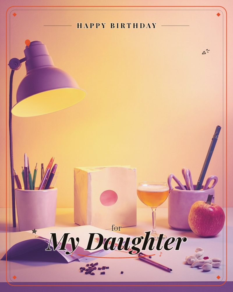 A desk glows under a purple-shaded lamp, its warm light spilling across a cream box marked with a single pink dot, a birthday e-card design