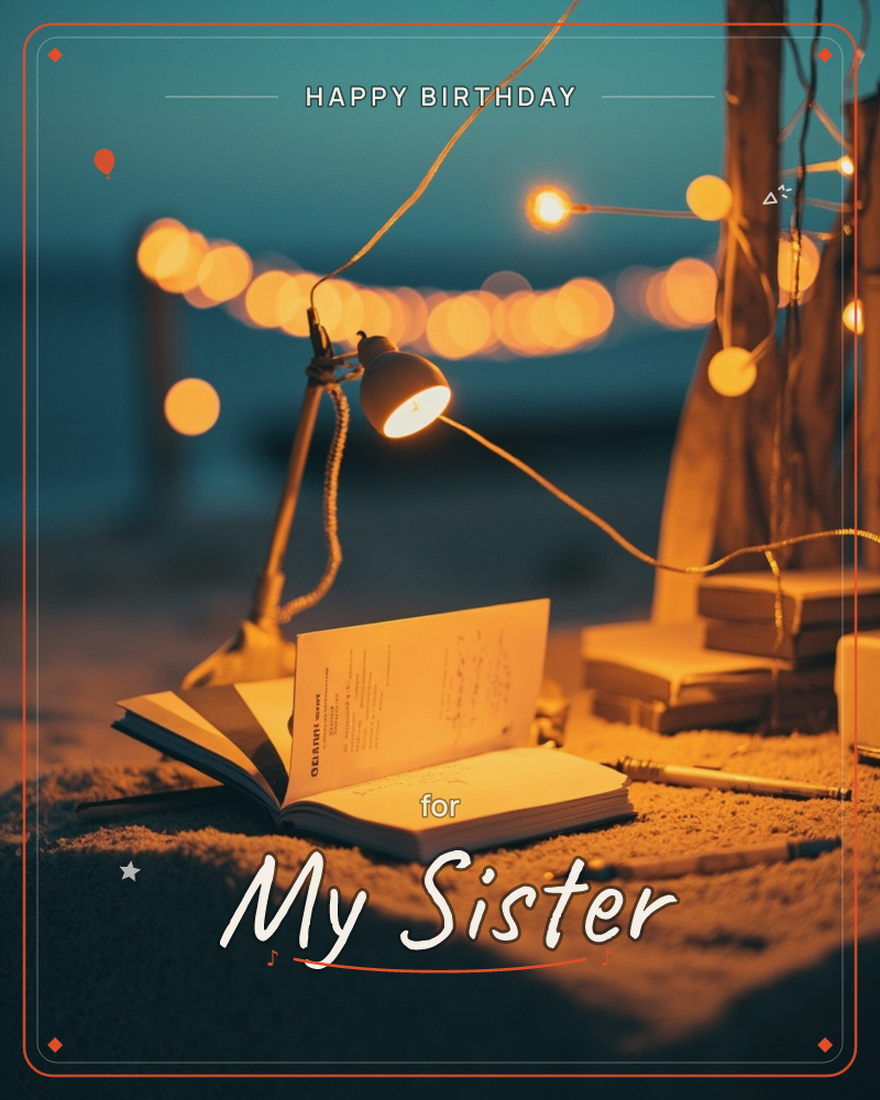 An open book rests in soft sand at dusk, lit by a small clip lamp and strings of warm bokeh lights strung along wooden posts toward the sea, a birthday e-card design