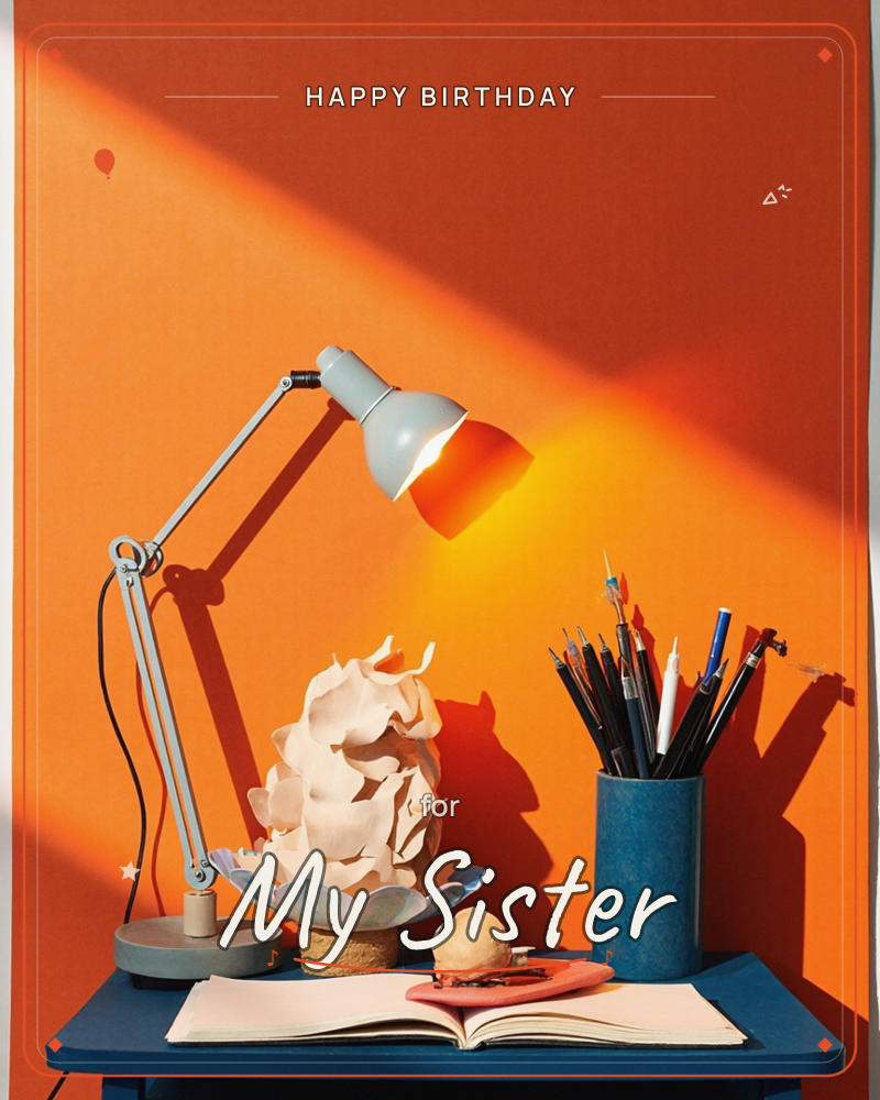 A desk lamp casts a warm glow across a bold orange wall, lighting up a sculptural paper flower, a jar bristling with pens and brushes, and an open…, a birthday e-card design