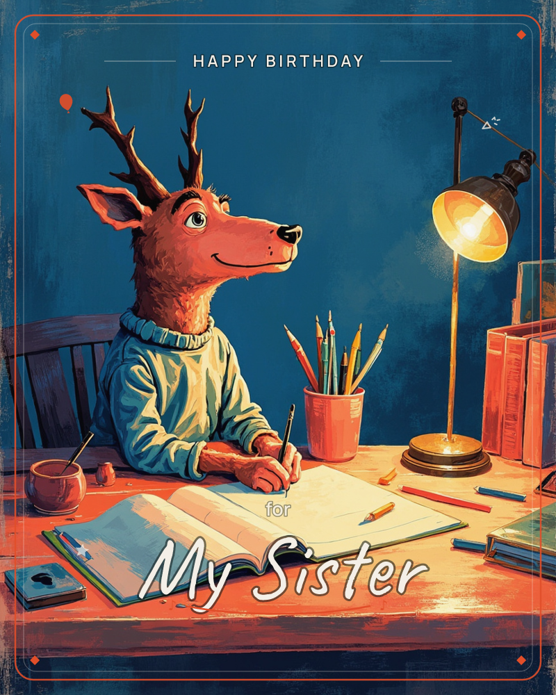 A deer wearing a cosy pale sweater sits at a wooden desk, writing in an open notebook by lamplight against a deep teal wall, a birthday e-card design