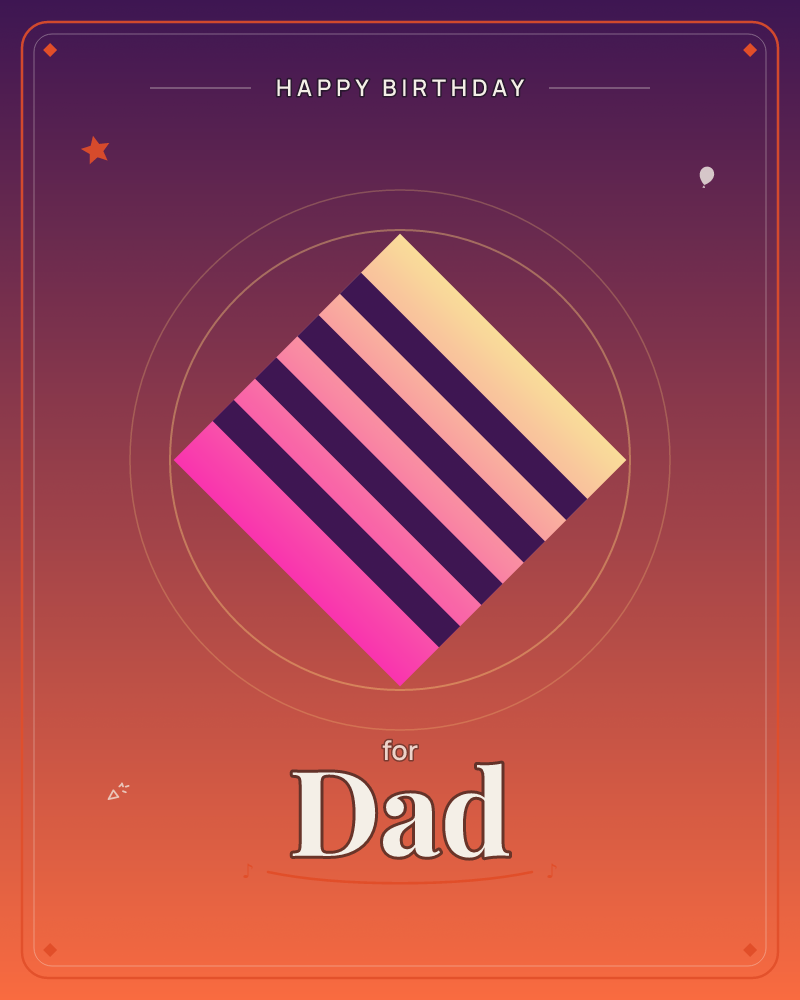 A striped diamond in hot pink, coral and pale gold sits inside two thin concentric circles, glowing against a smooth gradient sky that shifts from deep…, a birthday e-card design by @DittyCityTeam