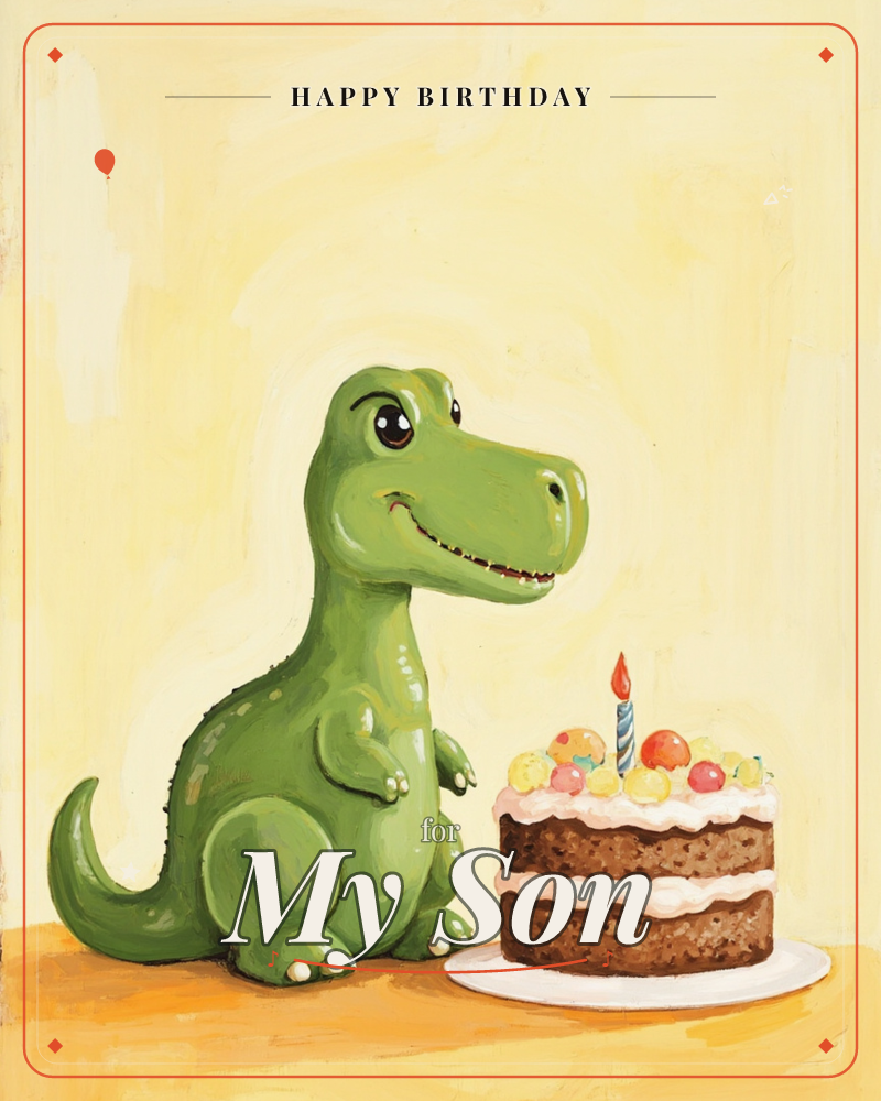 A round-bellied green dinosaur sits on a wooden tabletop beside a two-layer birthday cake topped with candy sprinkles and a single lit candle, a birthday e-card design