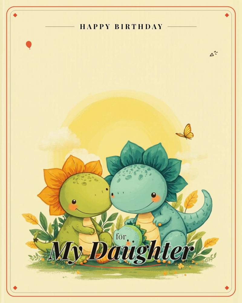 A cheerful trio of cartoon dinosaurs with flower-petal frills, a green one, a teal one, and a tiny baby between them, sit together in a sunny patch…, a birthday e-card design