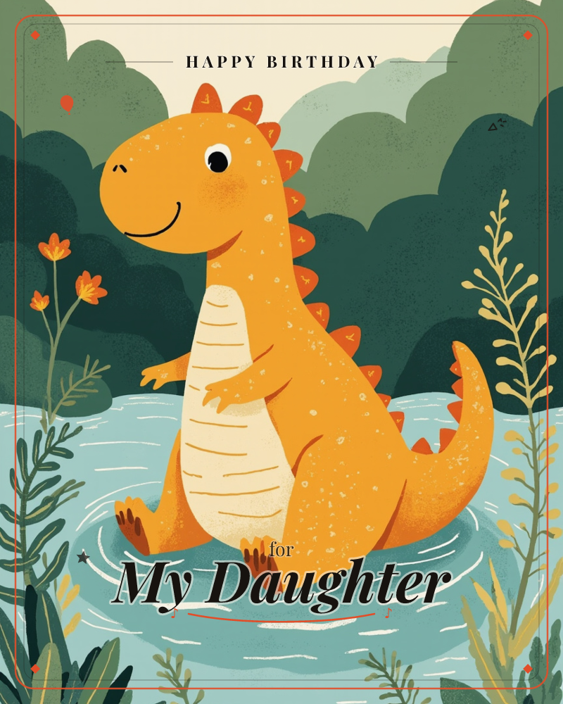 A cheerful orange dinosaur with a cream speckled belly wades happily through a shallow pool, ripples circling its feet, a birthday e-card design