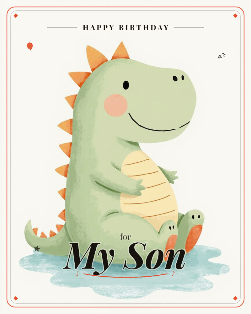 A round, smiling green dinosaur sits with its stubby legs stretched out, perched on a puddle of pale blue water, a birthday e-card design