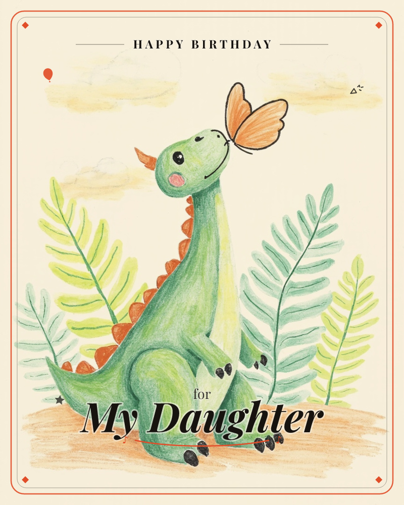 A cheerful green dinosaur with an orange spiky back sits among tall ferns on a sandy patch, gazing up with a smile as an orange butterfly perches on…, a birthday e-card design
