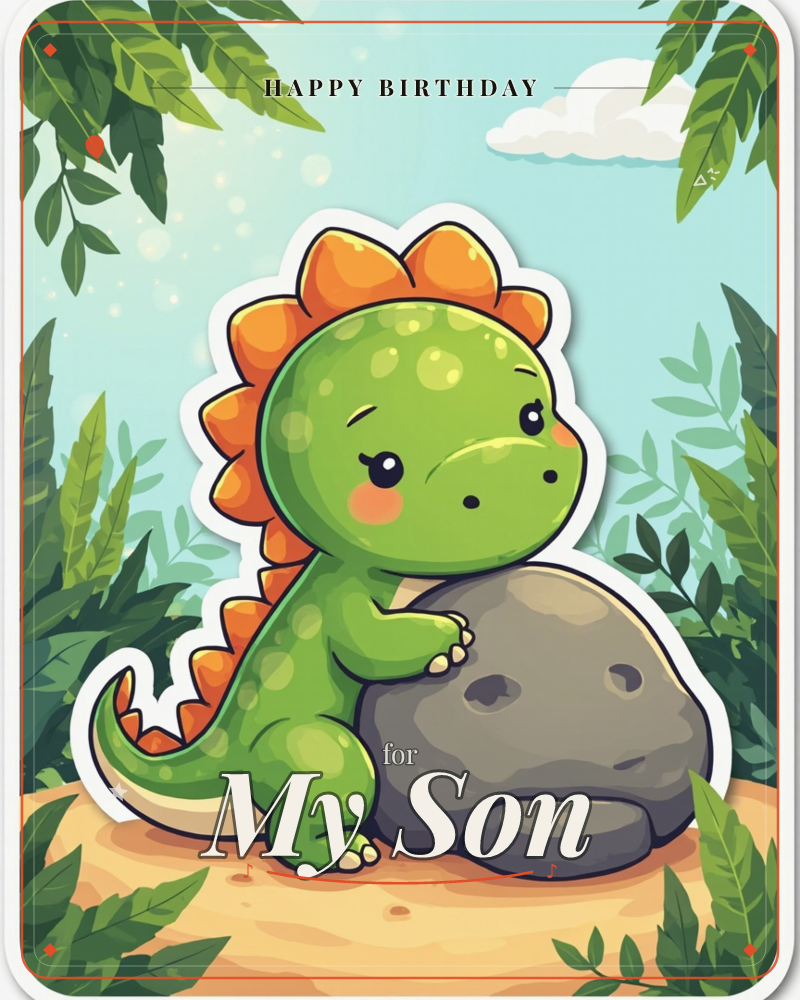 A round-bellied green dinosaur with orange spikes leans against a big grey boulder, one paw resting on top of it, its tail curled behind it on sandy…, a birthday e-card design