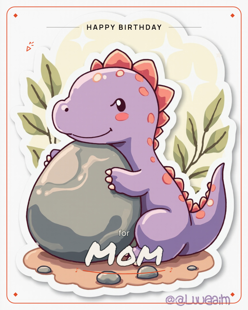 A round-bellied purple dinosaur with coral spots and spikes hugs a smooth grey boulder almost as big as itself, smiling with eyes closed on a sandy…, a birthday e-card design