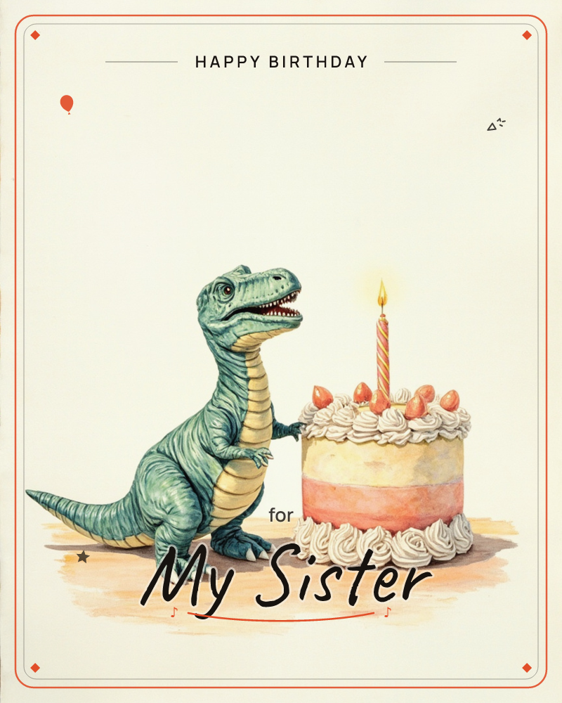 A small green dinosaur stands beside a frosted birthday cake, one clawed hand resting on the icing as it leans in toward a single lit candle, a birthday e-card design