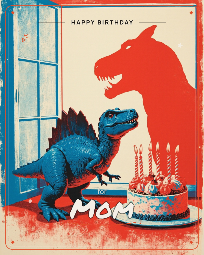 A stylized blue toy dinosaur stands beside a lit birthday cake as an open door throws its shadow huge and roaring across the wall behind it, a birthday e-card design