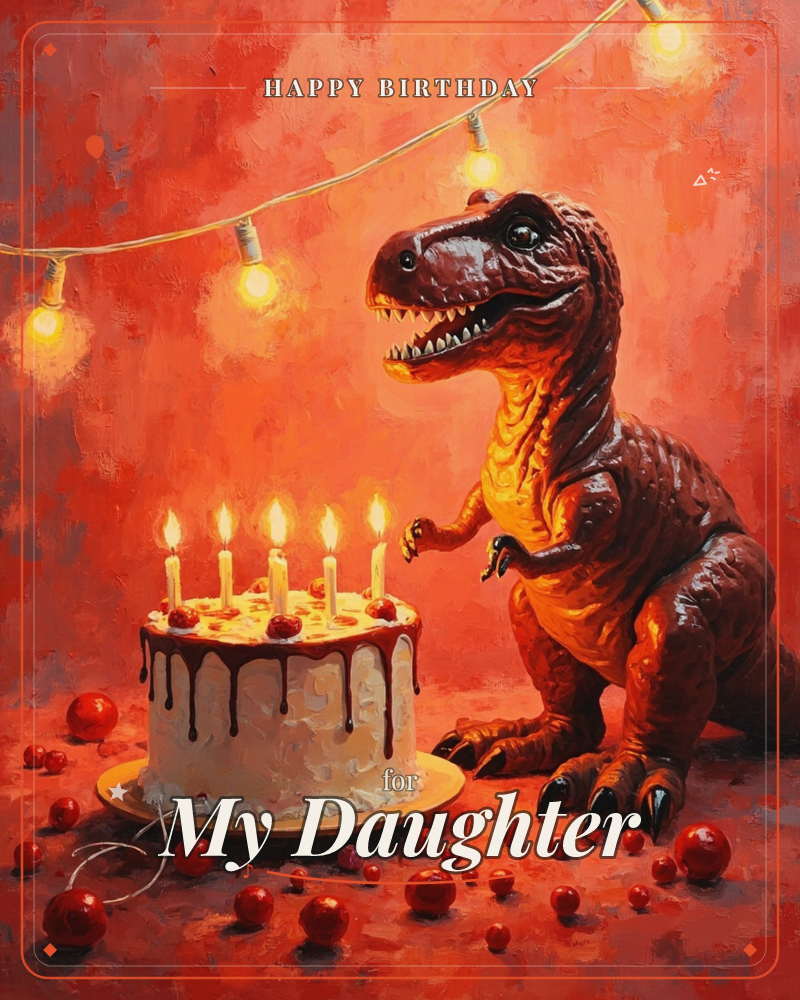 A toy T-Rex leans over a white birthday cake dripping with chocolate and topped with five lit candles, set against a glowing red background strung with…, a birthday e-card design