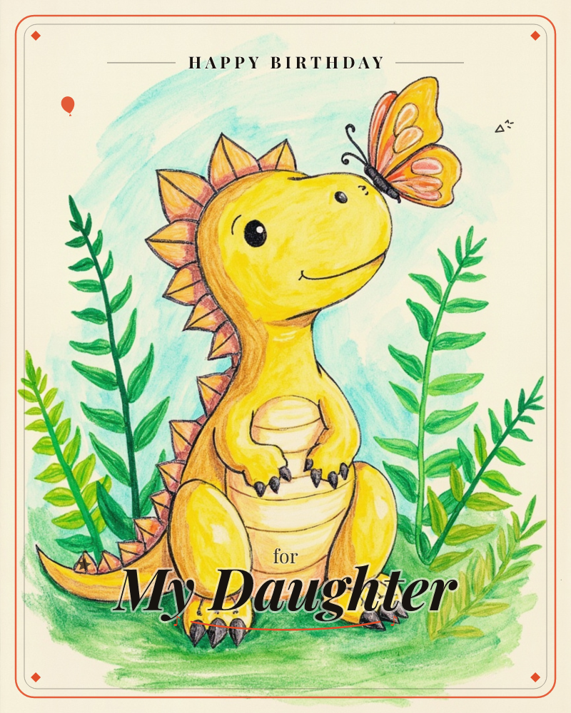 A cheerful yellow baby dinosaur with orange spiked ridges sits among tall green ferns, gazing up at an orange butterfly perched near its snout, a birthday e-card design