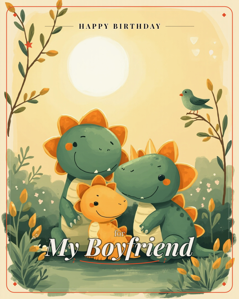 Two smiling green dinosaurs sit close together with a small orange dinosaur nestled between them, framed by soft golden sunlight and leafy branches, a birthday e-card design
