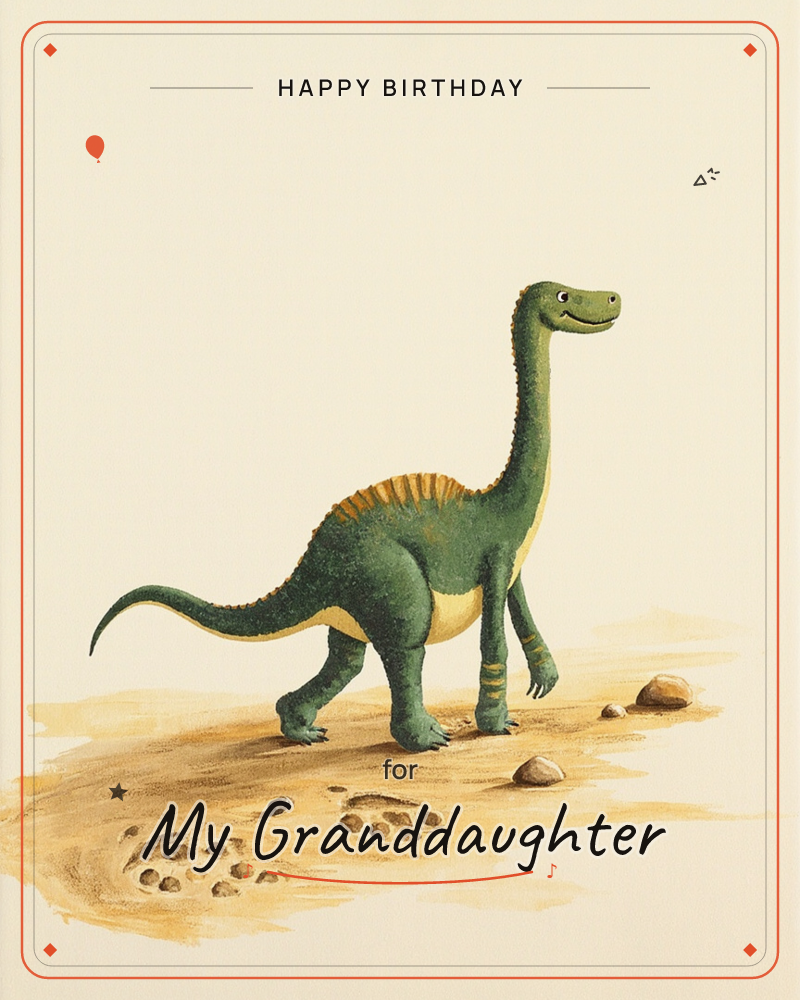 A friendly green long-necked dinosaur strides across a sandy, rock-strewn ground, its small smiling face turned toward the viewer, a birthday e-card design