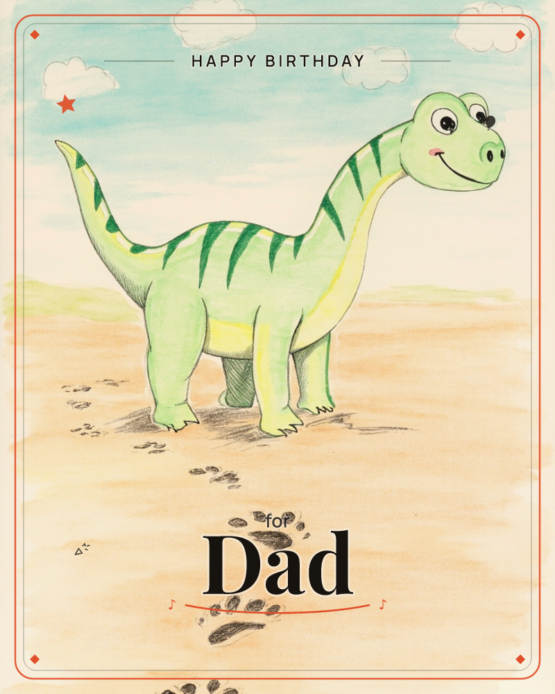 A cheerful green long-necked dinosaur with dark stripes stands on a sandy plain under a soft blue sky dotted with fluffy clouds, its rosy-cheeked face…, a birthday e-card design
