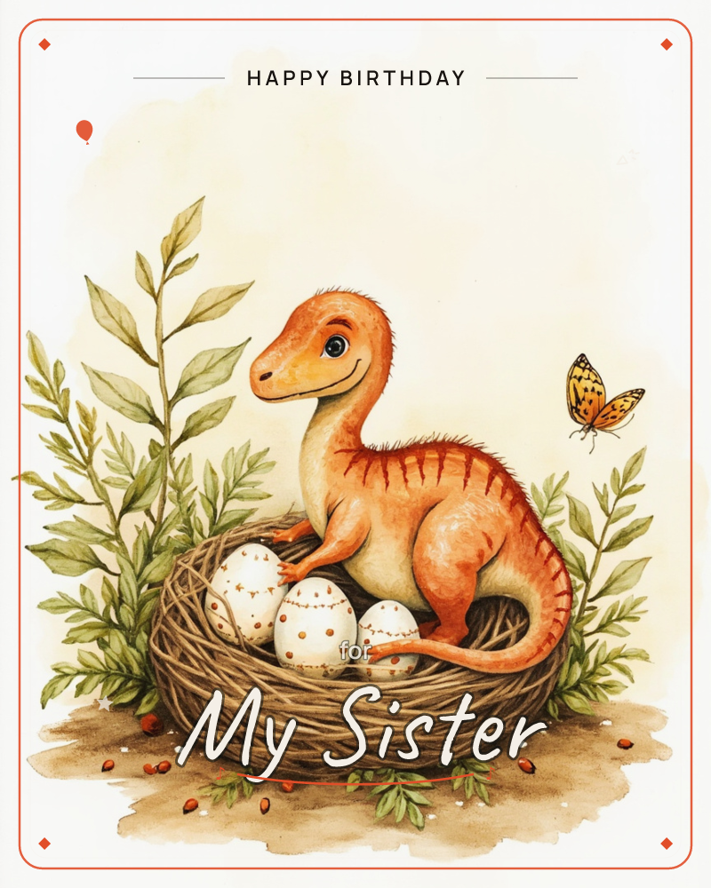 A fuzzy orange baby dinosaur perches proudly in a woven twig nest, guarding three speckled eggs while a small spotted butterfly flutters nearby, a birthday e-card design