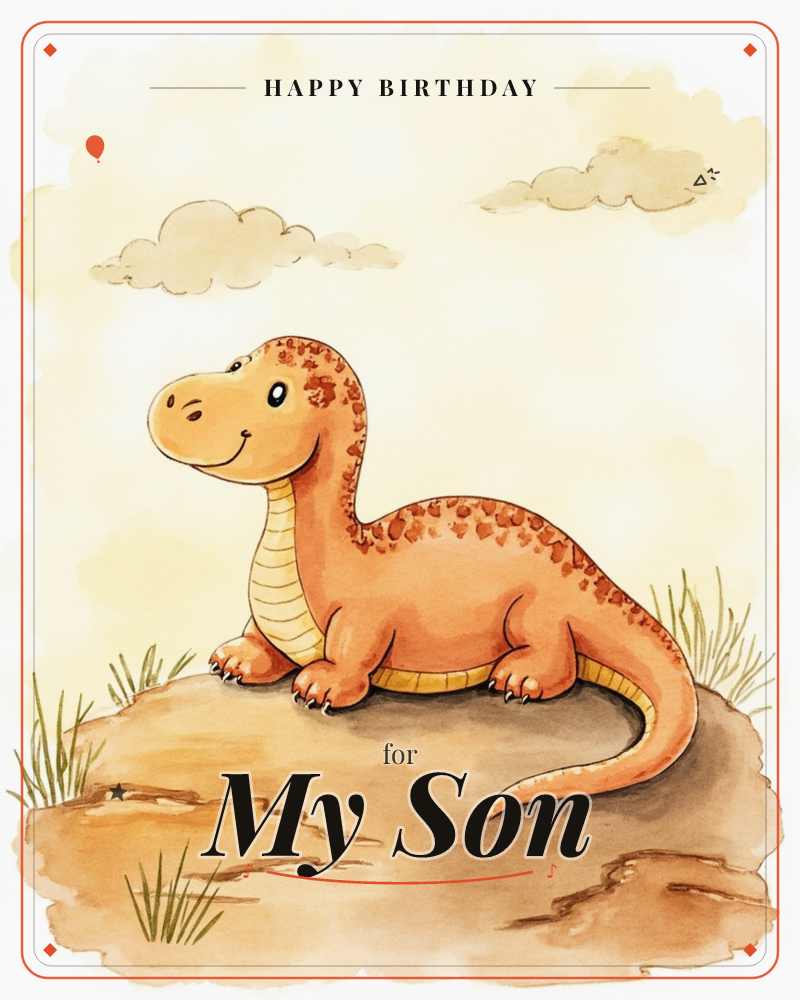 A round, smiling long-necked dinosaur rests contentedly on a sandy rock, its spotted orange back curled up and its tail trailing over the edge, a birthday e-card design