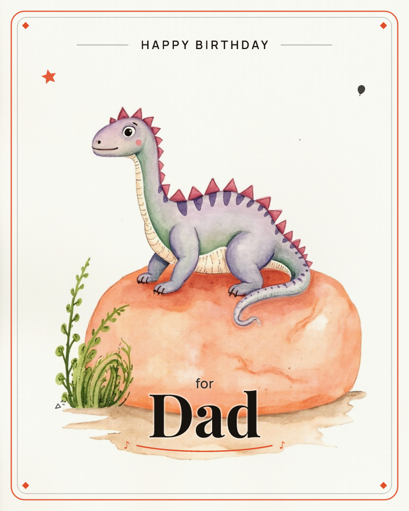 A friendly long-necked dinosaur with pink spiked plates along its back stands perched atop a large orange-pink boulder, tufts of green watercolour…, a birthday e-card design