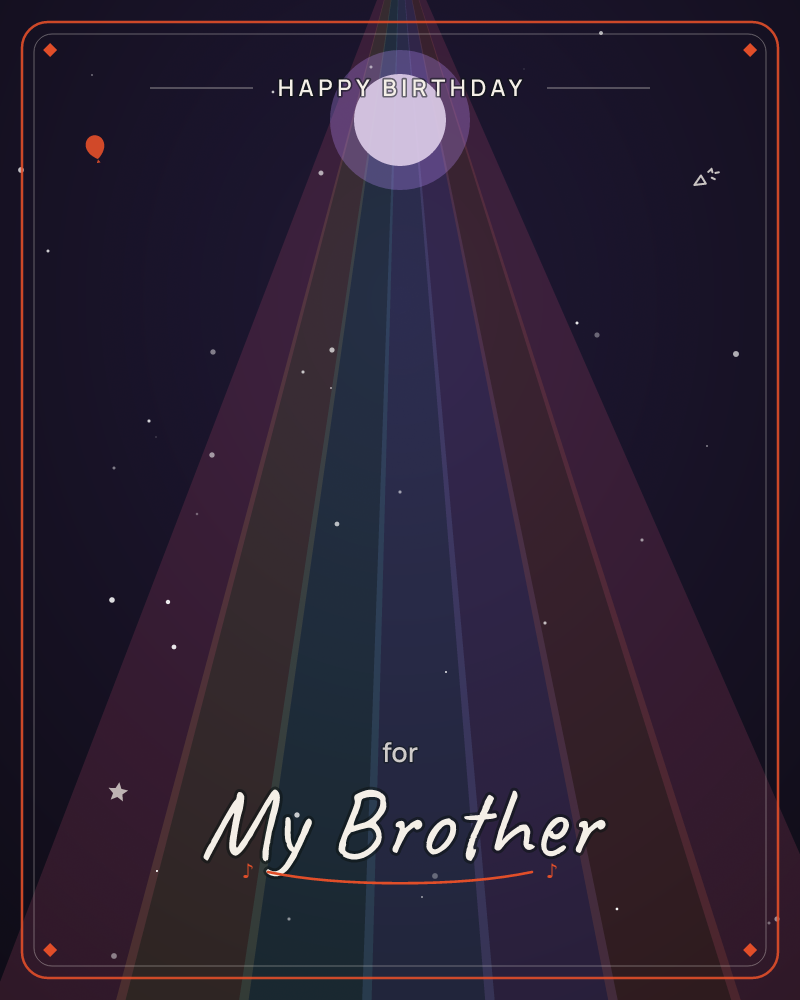 A pale glowing orb hovers near the top of a deep night sky, casting wide triangular beams of muted red, teal, and violet light downward across a…, a birthday e-card design by @DittyCityTeam