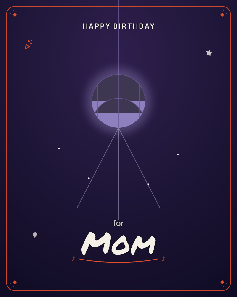A glowing violet orb hovers against a deep indigo night sky, its lower half filled with soft lavender light like a rising moon caught mid-eclipse, a birthday e-card design by @DittyCityTeam