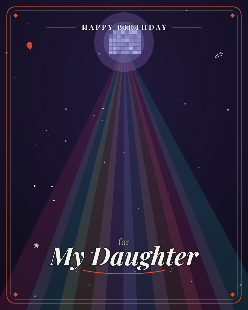 A disco ball glows against a deep midnight sky, casting a wide fan of coloured light beams down toward the bottom of the card, a birthday e-card design by @DittyCityTeam
