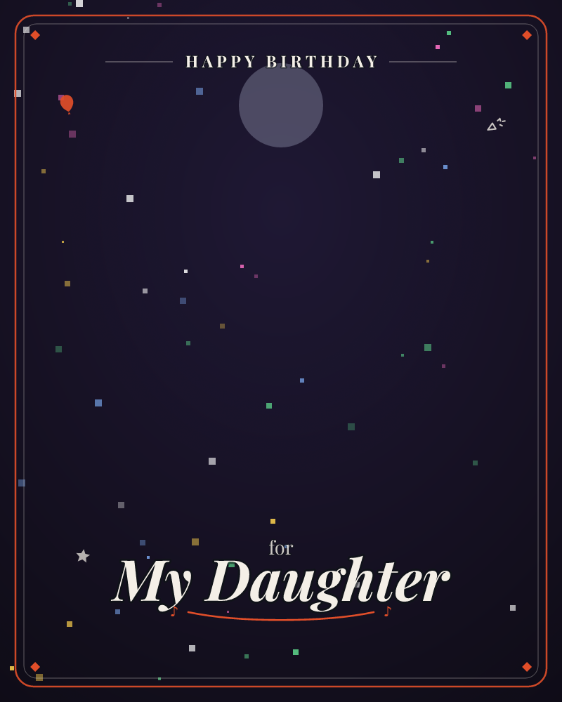 A pale moon glows behind a soft violet haze at the top of a deep night sky, scattered with tiny pixel-like stars in white, teal, pink, and gold, a birthday e-card design by @DittyCityTeam
