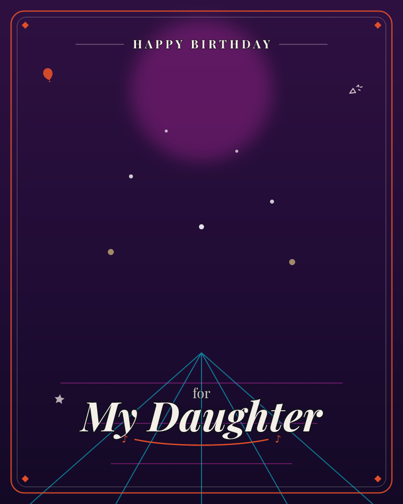 A hazy magenta moon glows against a deep purple night sky scattered with faint stars, while thin teal lines converge toward a single vanishing point on…, a birthday e-card design by @DittyCityTeam