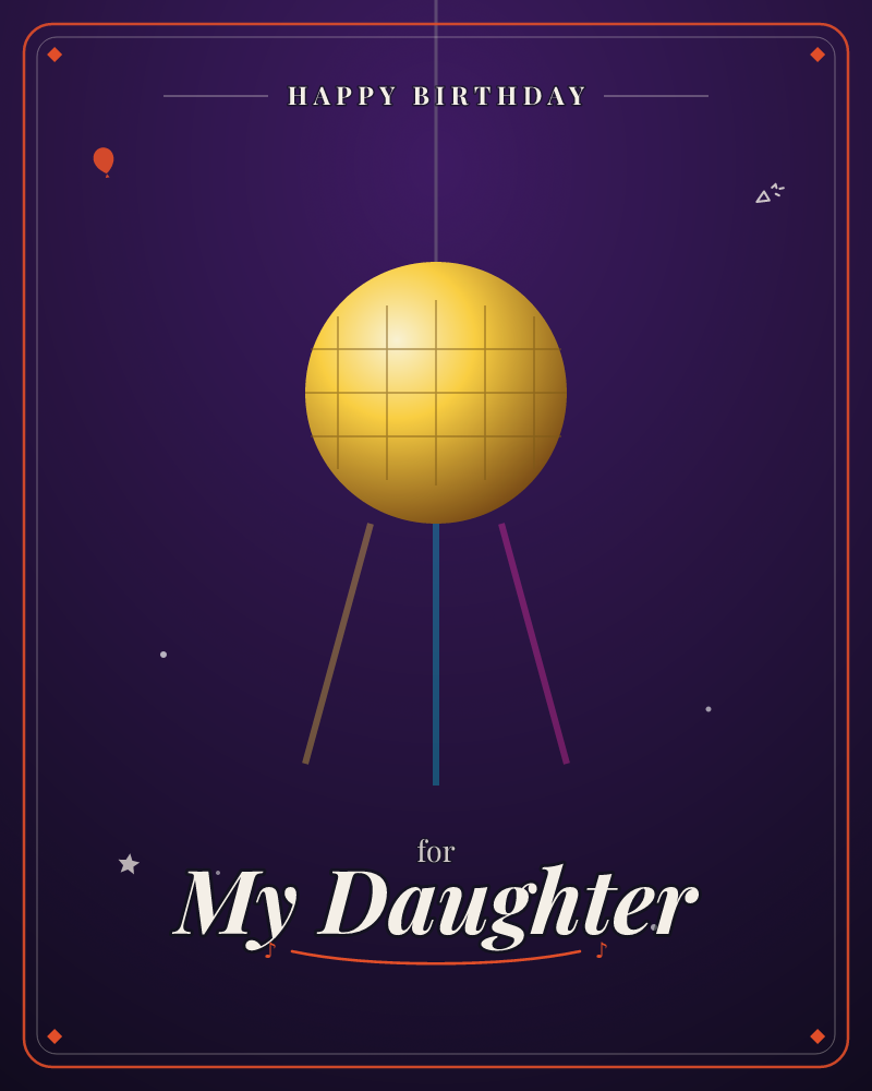A golden orb with a gridded surface floats against a deep purple night sky, three thin antenna-like rods trailing below it in brown, blue and pink, a birthday e-card design by @DittyCityTeam