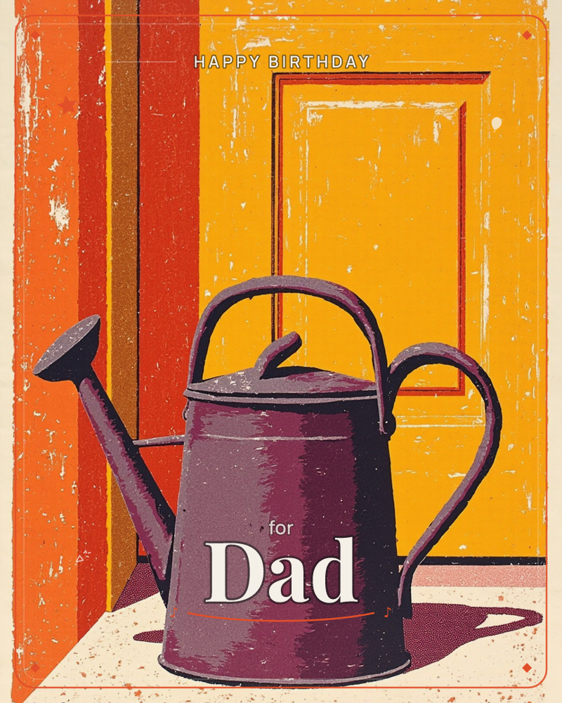 A worn purple watering can sits against a mustard-yellow door framed in orange and red, its long spout casting a warm shadow across a pale stone step, a birthday e-card design