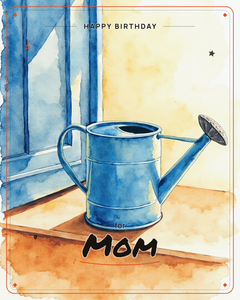 A blue metal watering can sits on a sunlit wooden windowsill beside an open blue-shuttered window, its long spout tipped with a round rose nozzle, a birthday e-card design