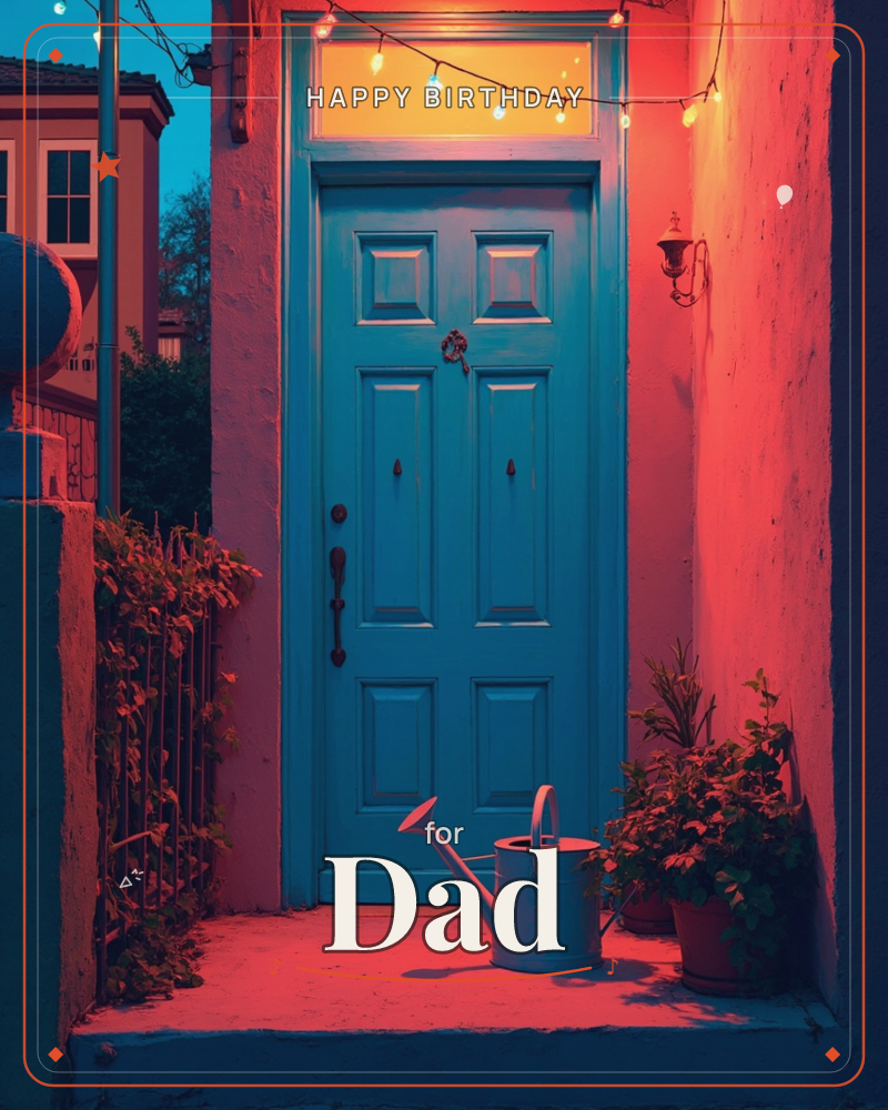 A teal-blue paneled front door glows warm above a small stoop bathed in pink-red twilight light, strung with bare bulb fairy lights across the transom…, a birthday e-card design