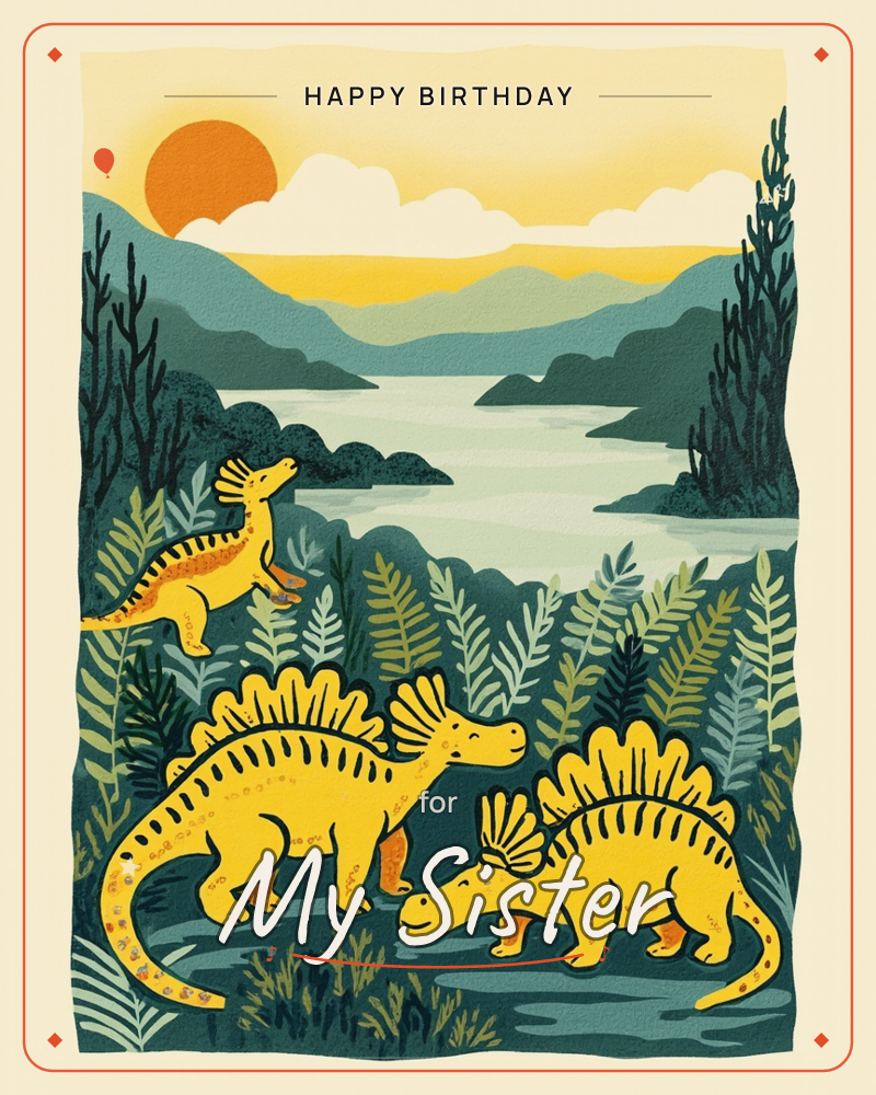 A prehistoric valley glows under a big orange sun sinking behind layered blue-green mountains, a winding river catching the last light, a birthday e-card design