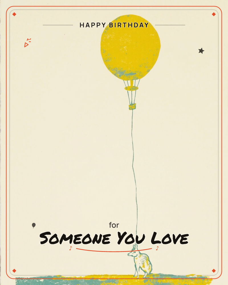 A small fox stands on a textured yellow-green horizon line, holding the string of a round yellow hot air balloon that floats high overhead, a birthday e-card design