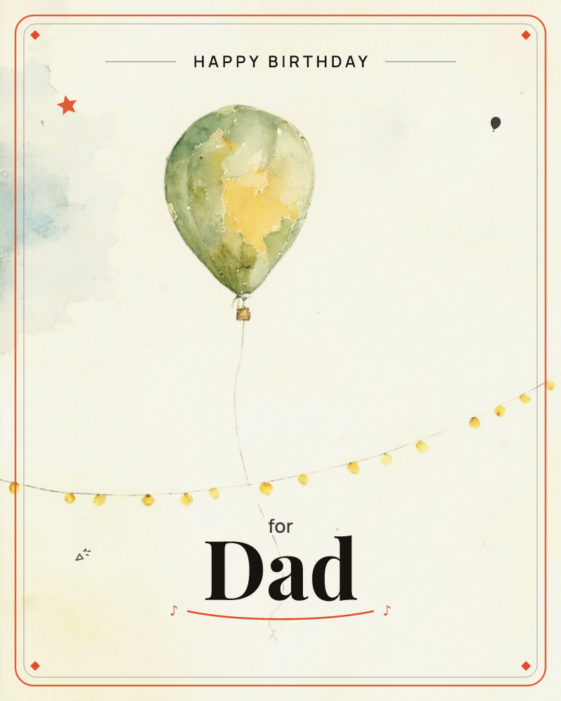 A single balloon in mottled sage and mustard green floats against a soft cream sky, its string trailing down loosely, a birthday e-card design