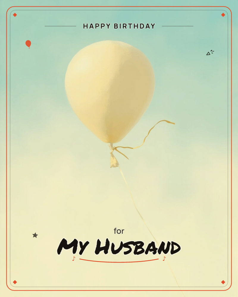 A single pale yellow balloon drifts against a soft turquoise sky that fades into a hazy, sunlit cream near the ground, a birthday e-card design