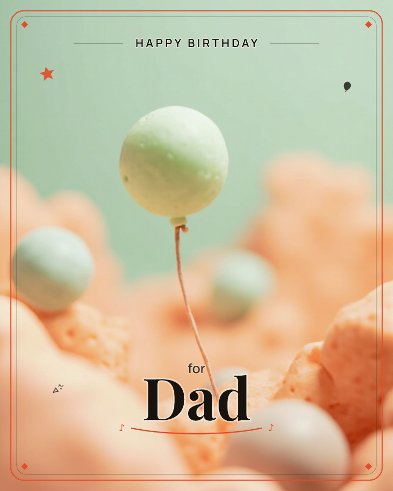 A pale mint-green balloon on a thin string floats above a cratered landscape of soft, coral-orange textured mounds, like rising dough or coral rock, a birthday e-card design