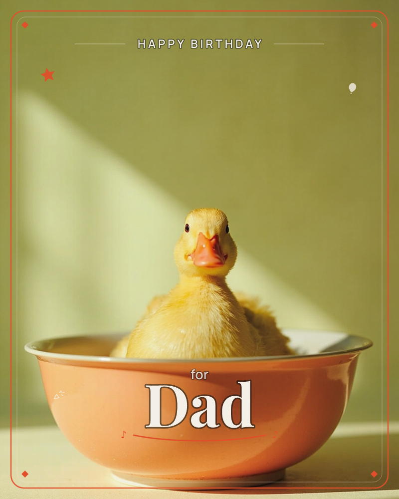 A fuzzy yellow duckling sits nestled inside a pale pink bowl, gazing straight ahead with its bright orange beak, a birthday e-card design