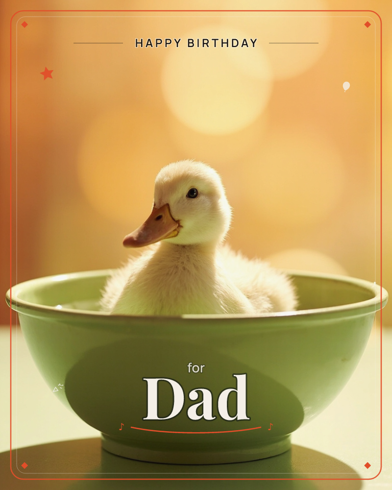 A fluffy yellow duckling sits nestled inside a pale green ceramic bowl, its head tilted with quiet curiosity, a birthday e-card design