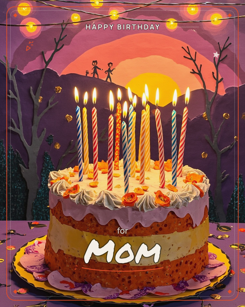 A layered birthday cake with buttercream swirls and orange flowers is topped with a dozen striped candles, all lit, standing in front of a paper-craft…, a birthday e-card design