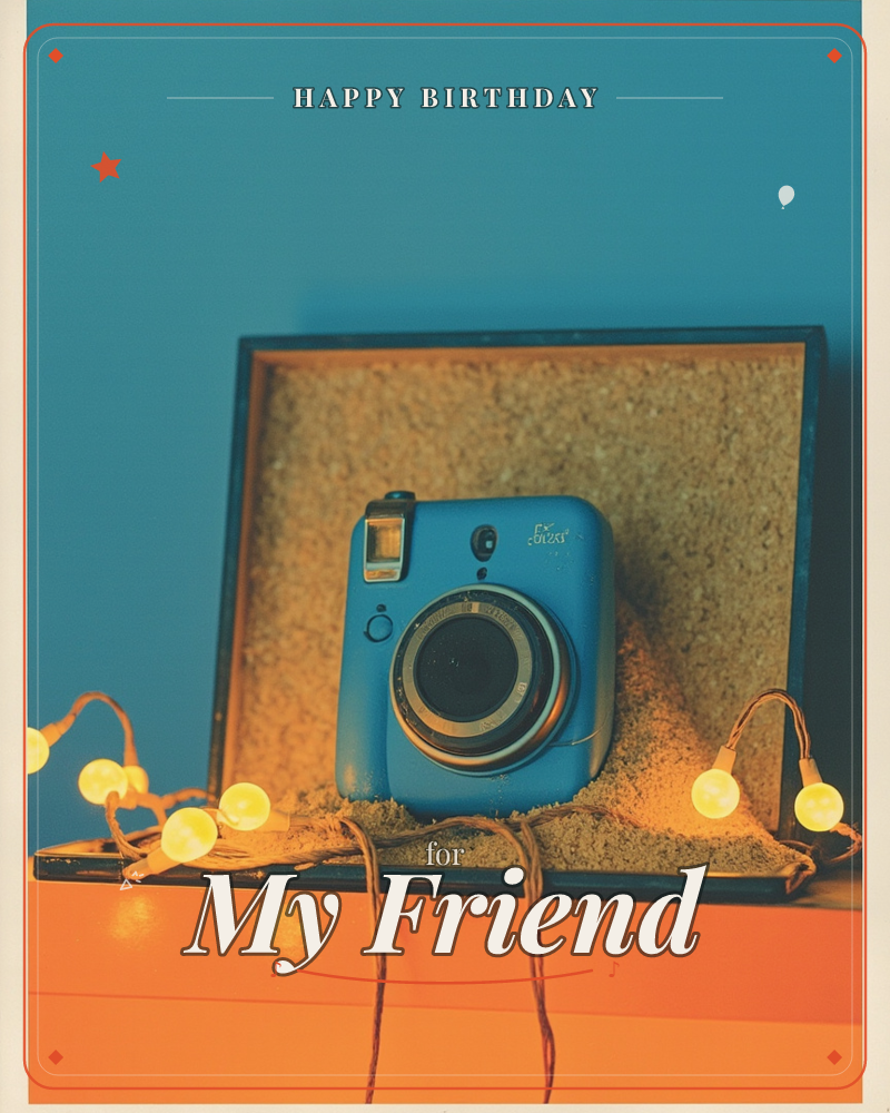 A retro blue instant camera sits propped against an open cork-lined box on a bright orange shelf, tangled in a string of warm glowing fairy lights, all…, a birthday e-card design