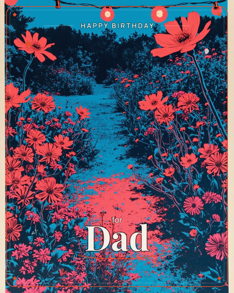 A garden path cuts through banks of tall daisies and cosmos, printed in bold coral-pink against deep midnight blue, a birthday e-card design